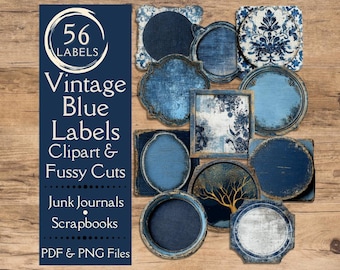 Blue Vintage Junk Journal labels. Digital paper of weathered distressed blue tags for scrapbooks. Rustic worn fussy cut labels & tags.