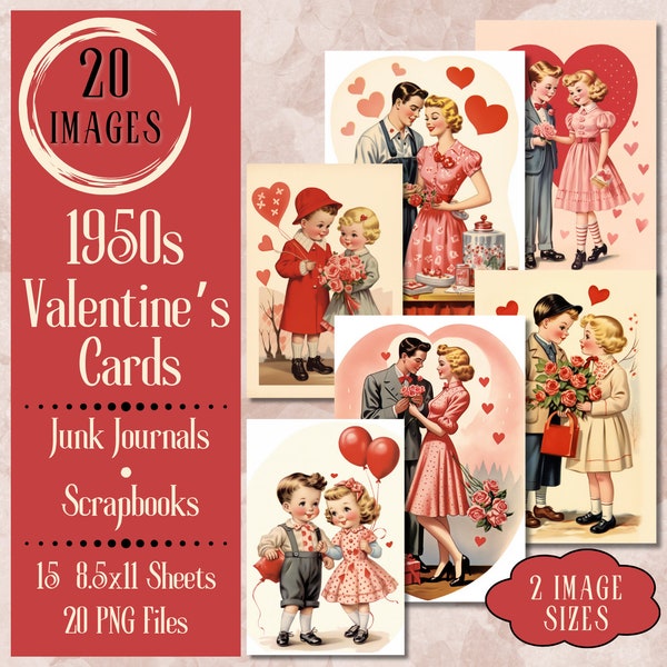 Vintage 1950s Valentine's Cards Junk Journal Paper. Digital paper of mid-century Valentine cards for junk journals and scrapbooks.