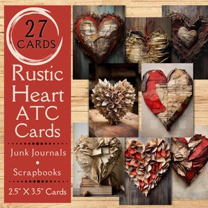 Papier pour journal indésirable, coeurs rustiques, cartes ATC. Cartes numériques en papier numérique représentant un cœur d'art populaire et un cœur en bois. Pour les artisans d'art populaire primitif.
