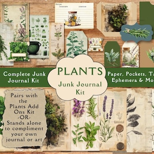 Kit de diario basura con plantas. Papel digital botánico, bolsillos, etiquetas y material efímero para diarios basura. Kit imprimible de plantas de jardín vintage.