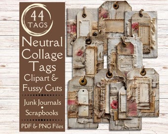 Neutral Collage Junk Journal tags. Digital paper of vintage tags with labels for junk journals. Vintage Grunge fussy cut tags. PDF & PNG.