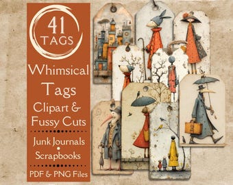 Whimsical Junk Journal tags. Digital paper of quirky playful tags for scrapbooks. Fussy cut tags with charming zany characters & animals.