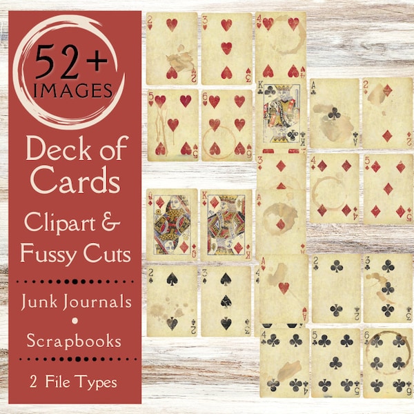Vintage Deck of Cards Junk Journal Ephemera. Digital paper of antique deck of 52 cards.  Fussy cuts or clipart for scrapbooks.