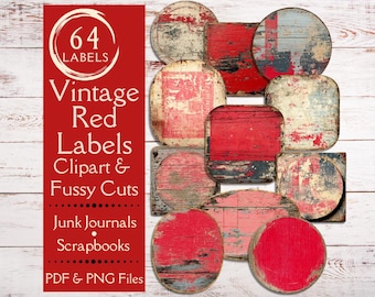 Etichette rosse vintage per Junk Journal. Carta digitale con etichette rosse e rosa anticate per album di ritagli. Etichette dal taglio preciso per gli amanti del vintage.