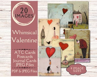 Whimsical Valentine Junk Journal Paper. Digital paper of primitive, vintage Valentine cards for junk journals. ATC, journal cards, JPEG.