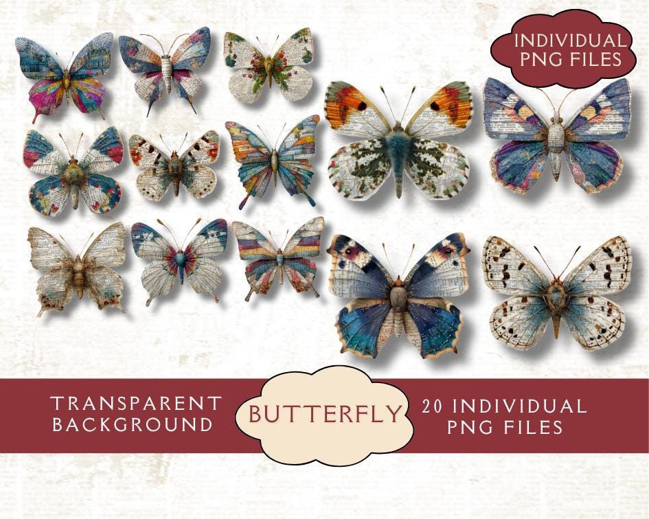 Mixed Media Butterfly Fussy Cuts for Junk Journals. Digital Paper of ...