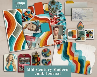 1950s Mid-Century Modern Junk Journal Kit. Digital paper of retro vintage junk journal folios, ephemera, tags, pockets & labels. 300dpi JPEG