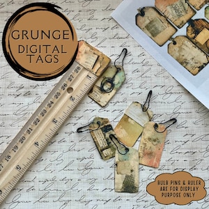 Etiquetas de diário de lixo grunge. Mini etiquetas industriais grunge para diários de lixo e álbuns de recortes. Para artesãos grunge.