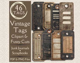 Neutral Vintage Junk Journal tags. Digital paper of industrial tags with labels for junk journals. Vintage Grunge fussy cut tags. PDF & PNG.