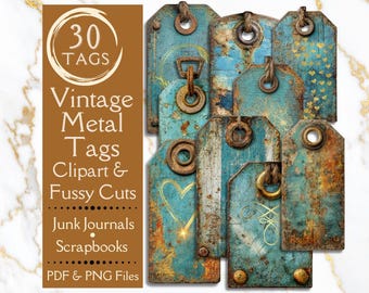 Aqua Blue Vintage Junk Journal tags. Digital paper of industrial metal tags with gold accents for scrapbooks. Grunge fussy cut tags.