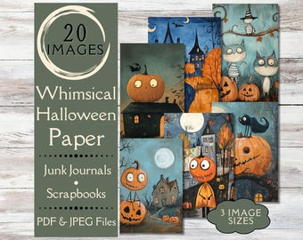 May include: A collection of whimsical Halloween-themed paper images. The artwork features cartoon pumpkins, spooky houses, and bats against a backdrop of blue and orange hues. The text on the left reads "20 Images" and "Whimsical Halloween Paper".