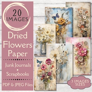Papel de diario basura con flores secas primitivas. Papel digital de flores y mariposas rústicas en 3D para álbumes de recortes. Formato PDF y JPEG imprimibles