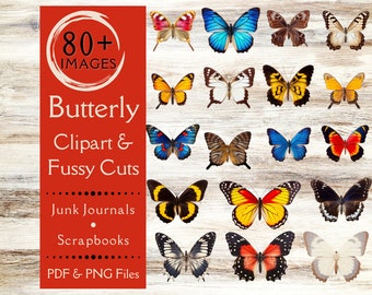 Butterfly Photo Fussy Cuts for Junk Journals. Digital paper downloadable of butterfly clipart for scrapbooks. Boho monarch butterfly sticker