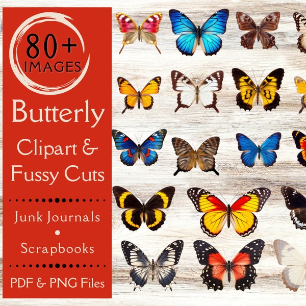 Butterfly Photo Fussy Cuts for Junk Journals. Digital paper downloadable of butterfly clipart for scrapbooks. Boho monarch butterfly sticker