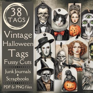 Tagi Vintage Halloween Junk Journal. Cyfrowy papier z tagami w stylu gothic grunge do junk journals i scrapbooków. Tagi vintage drawings spooky.
