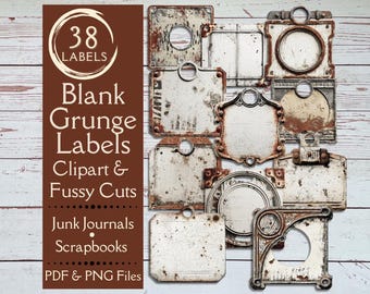 Blank Vintage Grunge Junk Journal labels. Digital paper of Industrial tags for scrapbooks. Fussy cut steampunk labels. Rusty labels.