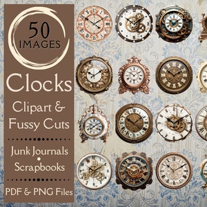 May include: A collection of 50 vintage clock images in PDF and PNG format. The images feature various styles of clocks, including ornate, antique, and industrial designs. The clocks are all in different colors and have a variety of details, such as gears, Roman numerals, and intricate carvings. These images are perfect for scrapbooking, junk journaling, and other creative projects.
