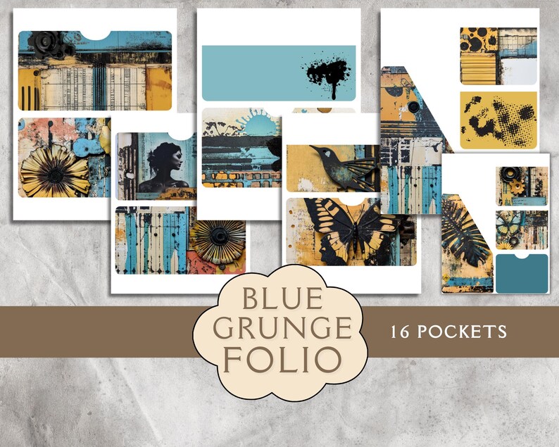 Blue Vintage Grunge Junk Journal Kit. Digital Paper of Industrial