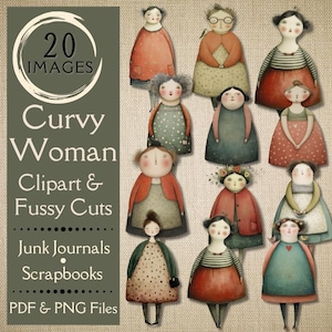 May include: Digital clipart set featuring 12 illustrated curvy women in various outfits. The images are in a whimsical, vintage style, with soft colors and detailed clothing. The text on the image says "Curvy Woman Clipart & Fussy Cuts".