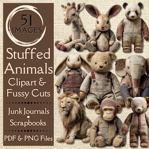 May include: A collection of vintage-style stuffed animal clipart and fussy cuts. The image features a giraffe, rabbit, panda, bear, elephant, lion, and monkey. Text on the left reads "51 Images Stuffed Animals Clipart & Fussy Cuts Junk Journals Scrapbooks PDF & PNG Files."