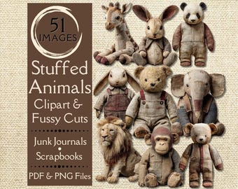Vintage Stuffed Animals Fussy Cuts & Clipart for Junk Journals. Digital paper of teddy bears, bunnies, monkeys elephants, giraffes and lions