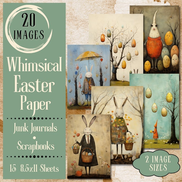 Whimsical Easter Junk Journal Paper. Digital paper of primitive, grunge Easter cards for junk journals. For whimsical, vintage crafters.