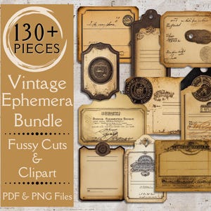 Vintage Ephemera Bundle für Junk Journals. Digitales Papier mit Etiketten, Tags und wählerischen Schnitten und Cliparts für Junk Journals und Scrapbooks