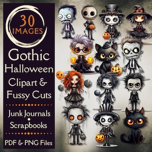Gothic Halloween character clipart. Digital paper of gothic fussy cuts for junk journals. For crafters who love gothic Halloween style.