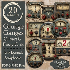Vintage Grunge Gauge Clipart for Junk Journals. Digital paper of Steampunk gauges fussy cuts. Rusty speedometer & vintage grunge hardware.
