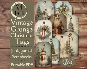 Vintage Grunge Christmas Junk Journal Tags. Digital paper of Christmas ephemera tags. For vintage grunge crafters who adore Christmas.