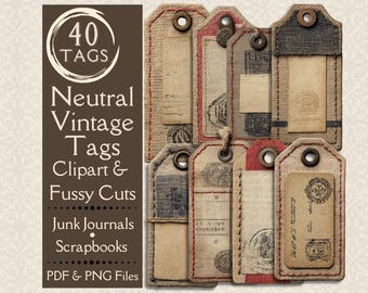 Neutral Vintage Junk Journal tags. Digital paper of industrial tags for junk journals. Vintage Grunge fussy cut tags. Fabric burlap tags.