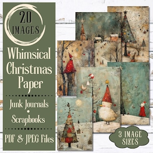 Papier journal de Noël fantaisiste. Papier numérique représentant des sapins de Noël vintage originaux et le père Noël pour albums de découpures. Éphémères minables de Noël.