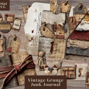 Op de afbeelding: Een verzameling ephemera in vintage-stijl, waaronder labels, journaalkaarten en stofresten. De items hebben versleten texturen, handgeschreven tekst en een gedempte kleurenpalet van bruin, crème en rood. Een kleine pop en vlinder voegen grillige accenten toe. De tekst "Vintage Grunge Junk Journal" is zichtbaar.