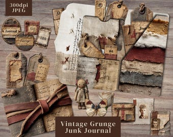 Vintage Grunge Junk Journal Kit. Digital paper of industrial junk journal folios with tags, labels, pocket & more. 300dpi JPEG number images