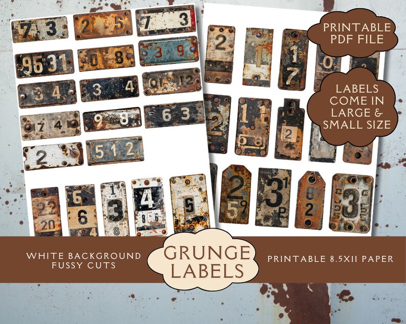 Grunge Number Junk Journal Labels. Digital Paper of Primitive Rust ...