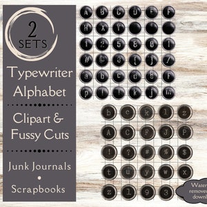 Alfabeto de teclas de máquina de escribir con recortes para revistas basura. Papel digital de teclas de máquina de escribir negras para revistas. Clipart del alfabeto de máquina de escribir.