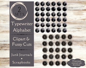 Recortes de teclas de máquina de escribir para revistas basura. Papel digital de teclas de máquina de escribir negras para revistas. Clipart del alfabeto de máquina de escribir.