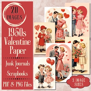Papier vintage des années 1950 pour le journal des cartes de la Saint-Valentin. Papier numérique de cartes de Saint-Valentin du milieu du siècle pour des carnets de bord et des albums de coupures.