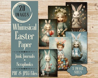 Pode incluir: Uma colagem digital de 20 imagens de Páscoa caprichosas com coelhos, meninas e ovos. As imagens estão em uma paleta de cores pastel e têm um toque vintage. O texto "20 IMAGES" está no topo da colagem, e o texto "Whimsical Easter Paper" está no centro. O texto "Junk Journals Scrapbooks PDF & JPEG Files" está na parte inferior da colagem. O texto "3 IMAGE SIZES" está no canto inferior direito da colagem.