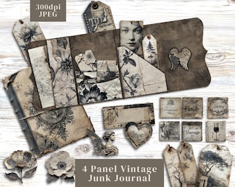 Vintage Grunge Junk Journal Kit. Digital paper of antique retro junk journal folios with tags, labels, pocket & more. 300dpi JPEG images.