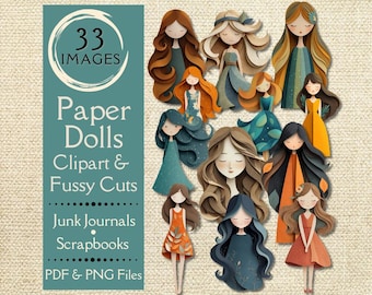 Whimsical Paper Doll Fussy Cuts & Clipart for Junk Journals. Digital paper of cute paper doll clipart illustrations. Printable PNG files.
