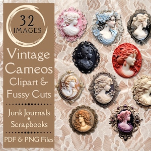 Vintage Cameos Junk Journal Ephemera. Papier numérique représentant une carte de broche ancienne à découpes difficiles pour des journaux indésirables. Anciennes épingles clipart pour scrapbooking.