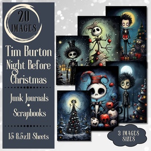 Tim Burton style Gothic Christmas Junk Journal Paper. Digital paper of gothic Christmas scenes. Whimsical Christmas paper.