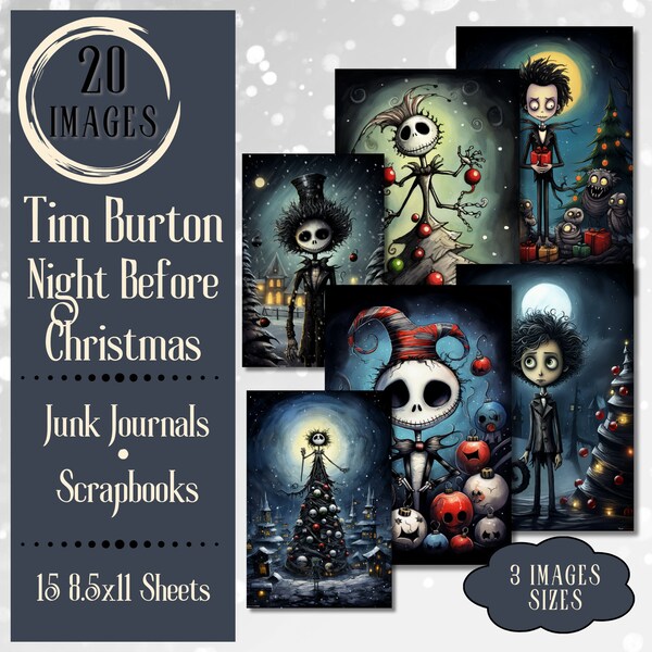 Papier pour journal de Noël gothique de style Tim Burton. Papier numérique de scènes de Noël gothiques. Papier de Noël fantaisiste.