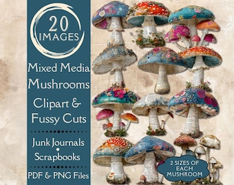 Mixed Media Mushroom Fussy Cuts for Junk Journals. Digital paper of vintage mushrooms clipart for collage art. Printable whimsical fungi.