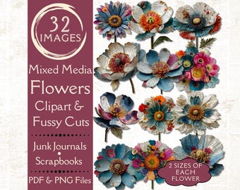 Mixed Media Flowers Fussy Cuts for Junk Journals. Digital paper of vintage flowers clipart for collage art. Printable whimsical flowers.