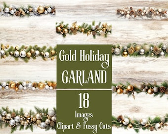Gold Christmas Garland Fussy Cuts. Holiday banner or bunting clipart for junk journals and scrapbooks. For the holiday crafter.