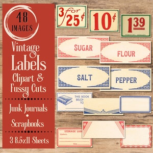 Grocery Label Clipart for Junk Journals. Digital paper of vintage ephemera fussy cuts for junk journals. Grocery ephemera for scrapbooks.