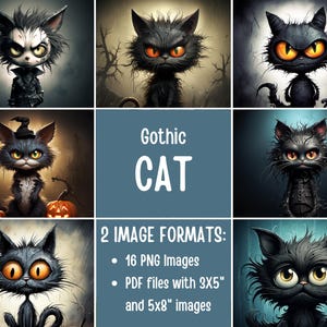 Gotische Halloween Katze. Digitales Papier mit gruseligen Halloween Katzen für Junk Journals und Scrapbooks. Für Handarbeiterinnen, die den Gothic-Stil lieben