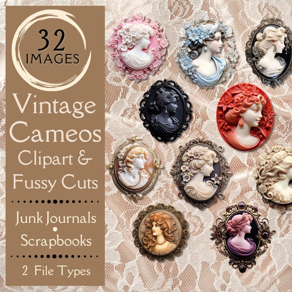 Vintage Cameos Junk Journal Ephemera. Digital paper of antique brooch card fussy cuts for junk journals. Old Pins clipart for scrapbooks.